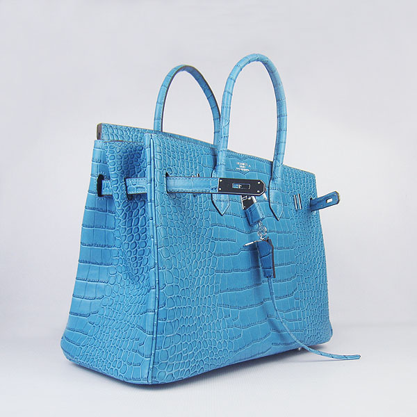High Quality Fake Hermes Birkin 35CM Crocodile Veins Leather Bag Blue 6089